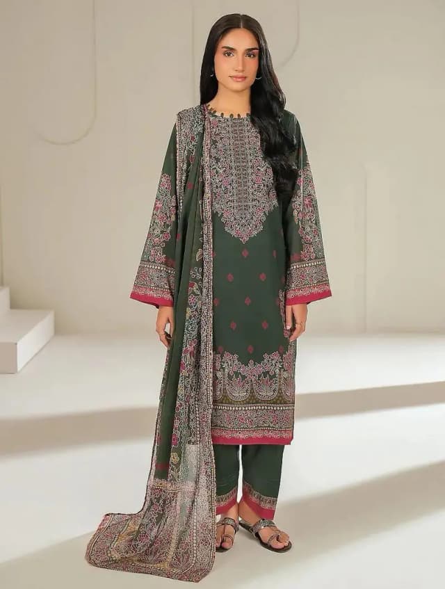 Green Printed Linen 3-Piece Suit for Women