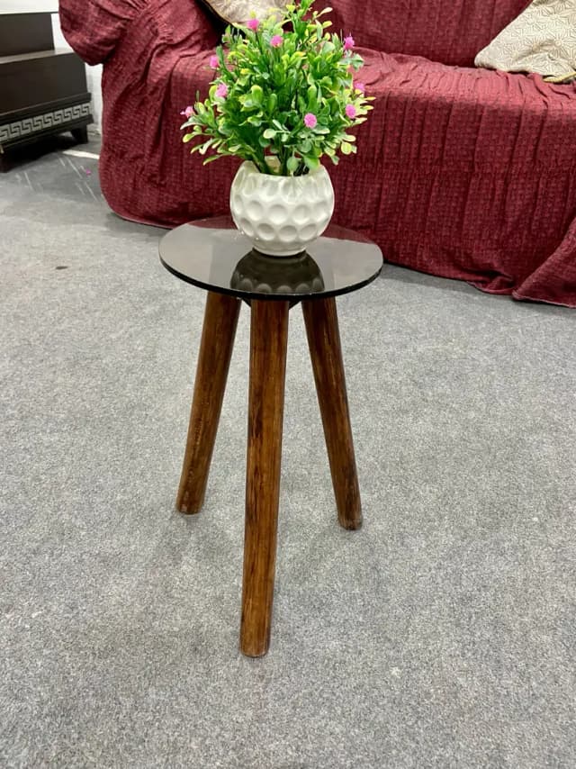 Elegant Wooden Tripod Side Table with Glass Top