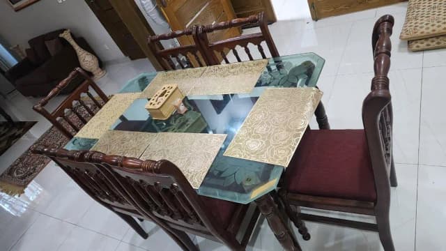 6 seater solid wood dining table set with gloss top