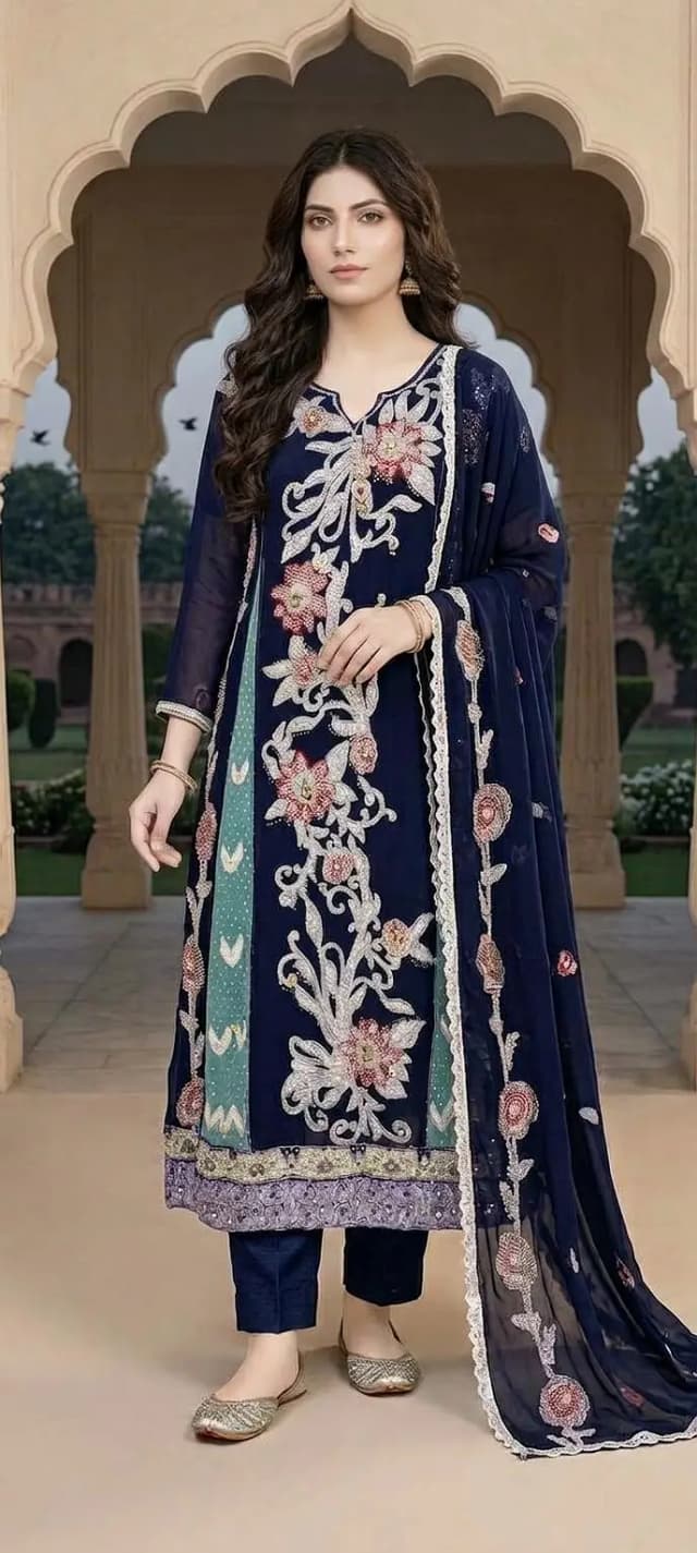 Stitched Pure Navy Blue 3-Piece Designer Suit