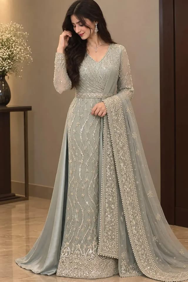 Elegant Silver-Grey Embellished Formal Gown