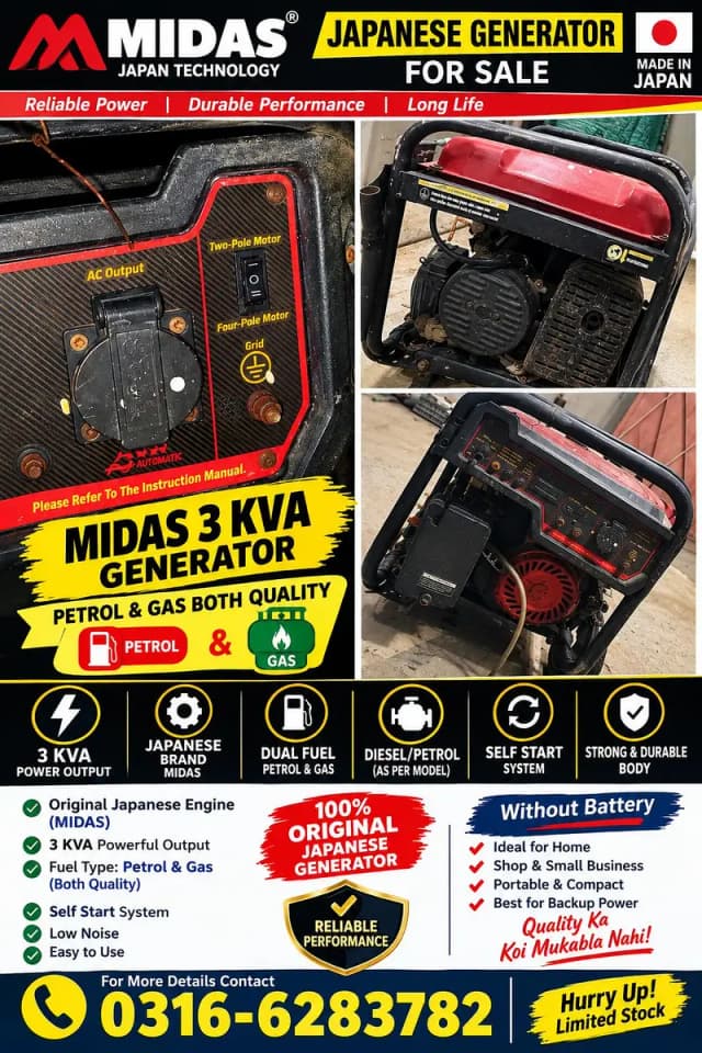 MIDAS 3 KVA generator for sale| petrol or gas self start  price 44000