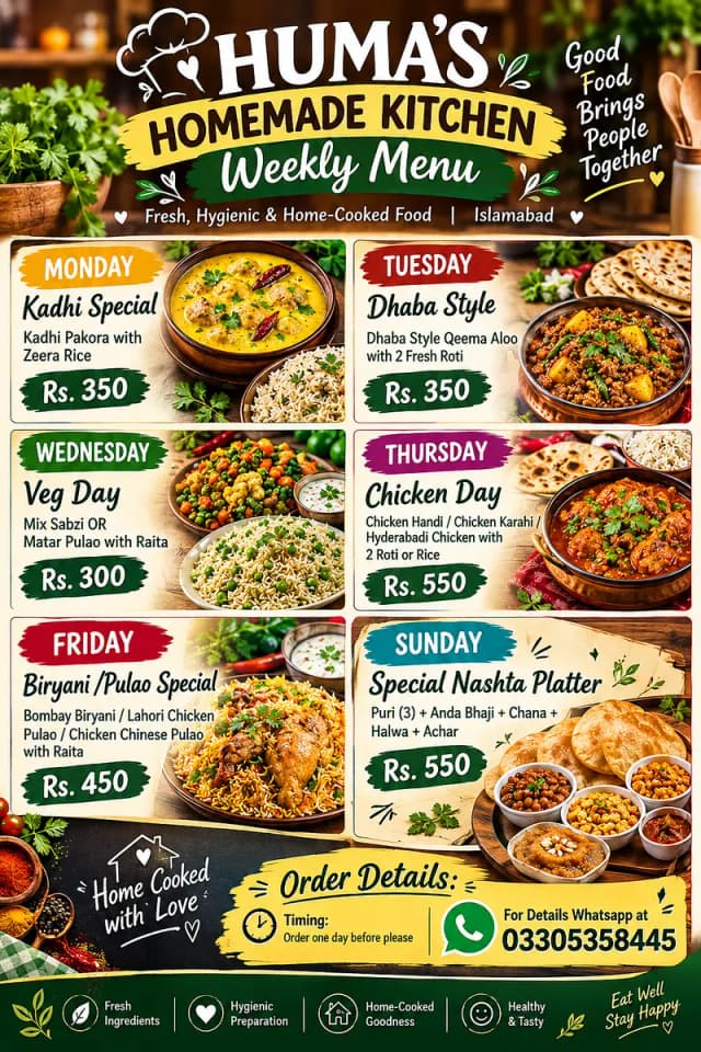 Homemade Food Service available in G-15 Islamabad