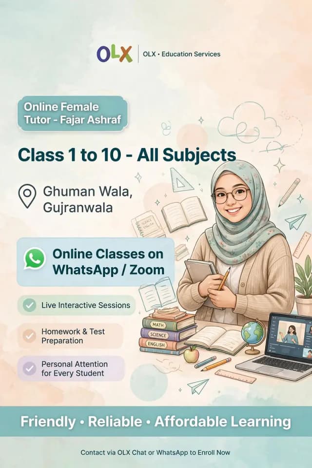 Online Female Tutor in Gujranwala Ghuman Wala - Class 1 to 10