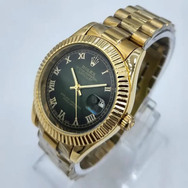 Oyster Watch Golden Rolex Fluted Bezel Olive Green Dial