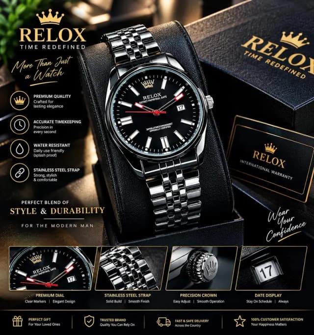 RELOX Luxury Stainless Steel Men's Watch – Black Dial