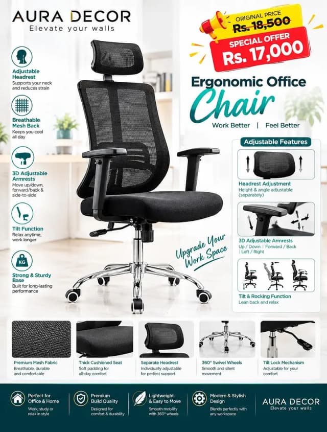 Ergonomic Office Chair with adjustable headrest and 3D armrests